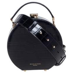 Aspinal Of London Black Croc Embossed Leather Hat Box Shoulder Bag
