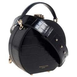 Aspinal Of London Black Croc Embossed Leather Hat Box Shoulder Bag