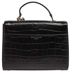 Pre Owned Aspinal Of London Black Croc Embossed Leather Mayfair Top Handle Bag