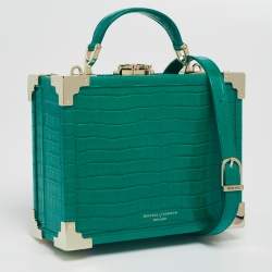 Aspinal Of London Green Croc Embossed Leather Trunk Top Handle Bag
