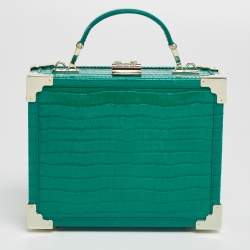 Aspinal Of London Green Croc Embossed Leather Trunk Top Handle Bag