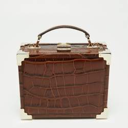 Aspinal of London Brown Croc Embossed Leather Mini Trunk Top Handle Bag
