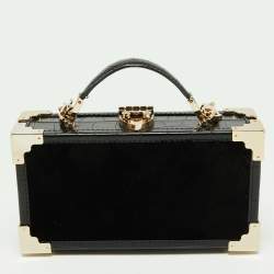 Aspinal Of London Black Velvet and Croc Embossed Leather Lion Trinket Top Handle Bag