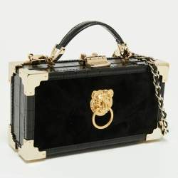 Aspinal Of London Black Velvet and Croc Embossed Leather Lion Trinket Top Handle Bag