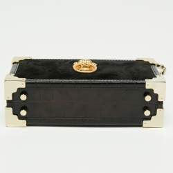 Aspinal Of London Black Velvet and Croc Embossed Leather Lion Trinket Top Handle Bag