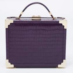 Aspinal of London Purple Croc Embossed Leather Mini Trunk Top Handle Bag