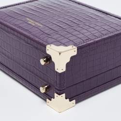 Aspinal of London Purple Croc Embossed Leather Mini Trunk Top Handle Bag