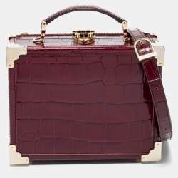 Aspinal Of London Burgundy Croc Embossed Leather Trunk Top Handle Bag