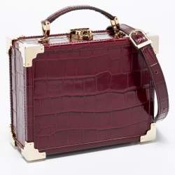 Aspinal Of London Burgundy Croc Embossed Leather Trunk Top Handle Bag