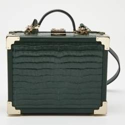 Aspinal of London Green Croc Embossed Leather Mini Trunk Top Handle Bag