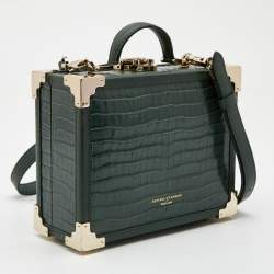 Aspinal of London Green Croc Embossed Leather Mini Trunk Top Handle Bag