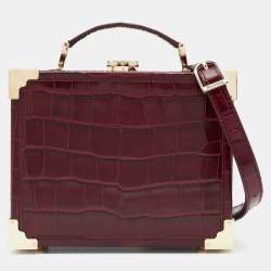 Aspinal Of London Burgundy Croc Embossed Leather Trunk Top Handle Bag