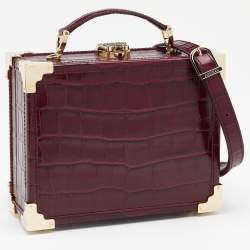 Aspinal Of London Burgundy Croc Embossed Leather Trunk Top Handle Bag