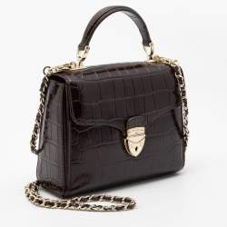 Aspinal of London Burgundy Croc Embossed Leather Small Mayfair Top Handle Bag