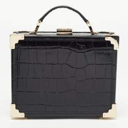 Aspinal Of London Black Croc Embossed Glossy Leather Trunk Top Handle Bag