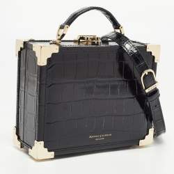 Aspinal Of London Black Croc Embossed Glossy Leather Trunk Top Handle Bag