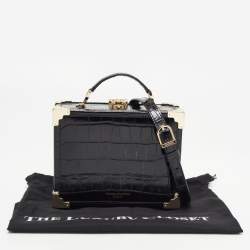 Aspinal Of London Black Croc Embossed Glossy Leather Trunk Top Handle Bag