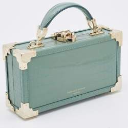 Aspinal of London Green Croc Emboosed Patent Leather Trinket Top Handle Bag 