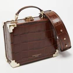 Aspinal Of London Brown Croc Embossed Leather Trunk Top Handle Bag
