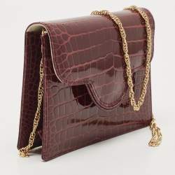 Pre Owned Aspinal Of London Burgundy Croc Embossed Leather Chain Clutch