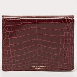 Pre Owned Aspinal Of London Burgundy Croc Embossed Leather Chain Clutch