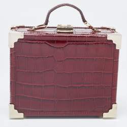 Aspinal Of London Burgundy Croc Embossed Leather Trunk Top Handle Bag