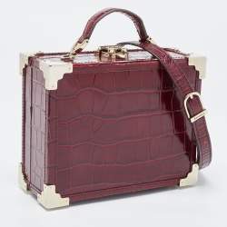 Aspinal Of London Burgundy Croc Embossed Leather Trunk Top Handle Bag