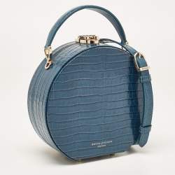 Aspinal Of London Teal Blue Croc Embossed Leather Hat Box Shoulder Bag