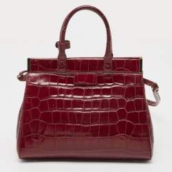 Pre Owned Aspinal Of London Burgundy Croc Embossed Leather Small Florence Snap Tote