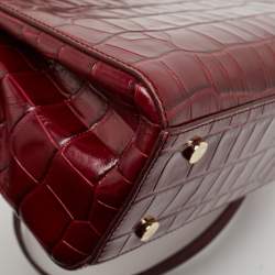 Pre Owned Aspinal Of London Burgundy Croc Embossed Leather Small Florence Snap Tote