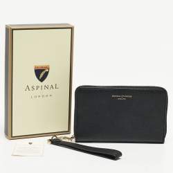 Pre Owned Aspinal Of London Black Leather Zip Around Wristlet Wallet