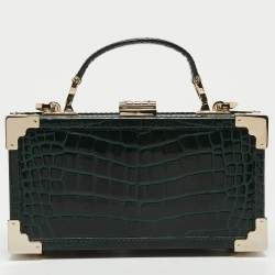 Aspinal of London Green Croc Emboosed Patent Leather Trinket Top Handle Bag 