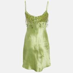 Pre Owned Asta Resort Green Hand Beaded Linen Blend Yasmin Mini Dress M