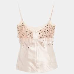 Pre Owned Asta Resort Pink Embellished Detail Linen Blend Yasmin Tank Top M
