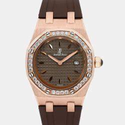 Audemars Piguet Brown Diamond 18k Rose Gold Royal Oak 67621OR Automatic Women's Wristwatch 33 mm