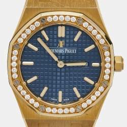 Pre Owned Audemars Piguet Blue 18k Yellow Gold Diamond Royal Oak 67651BA.ZZ.1261BA.02 Women's Wristwatch 33 mm