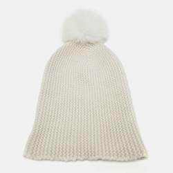 Autumn Cashmere White Purl Knit Fox Fur Pom Pom Beanie