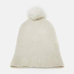 Autumn Cashmere White Purl Knit Fox Fur Pom Pom Beanie