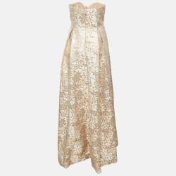 Badgley Mischka Rose Gold Sequin Embellished Brocade Strapless Gown M