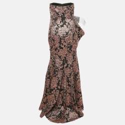 Pre Owned Badgley Mischka Black/Metallic Floral Jacquard Ruffled Strapless Gown M