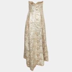 Badgley Mischka Gold Sequin Embellished Brocade Strapless Gown L