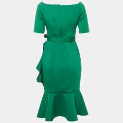 Pre Owned Badgley Mischka Green Neoprene Ruffled Midi Dress S