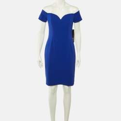 Pre Owned Badgley Mischka Blue Crepe Off Shoulder Mini Dress M