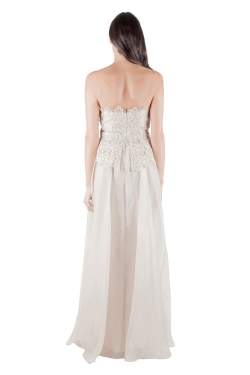 Pre Owned Badgley Mischka Collection Ivory Gold Embellished Peplum Lace Bodice Strapless Evening Gown S