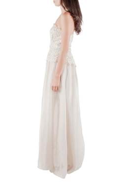 Pre Owned Badgley Mischka Collection Ivory Gold Embellished Peplum Lace Bodice Strapless Evening Gown S