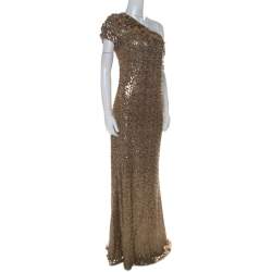 Badgley Mischka Gold Sequin Embellished Detail One Shoulder Gown XL