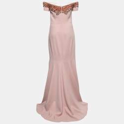 Badgley Mischka Couture Pink Crepe Embellished Gown M