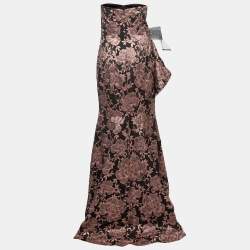 Badgley Mischka Couture Metallic Floral Jacquard Embellished Strapless Gown L
