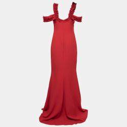 Badgley Mischka Couture Red Crepe Off Shoulder Embellished Long Gown L