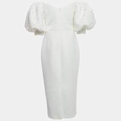 Pre Owned Badgley Mischka Ivory Jersey Off-Shoulder Embellished Midi Dress L